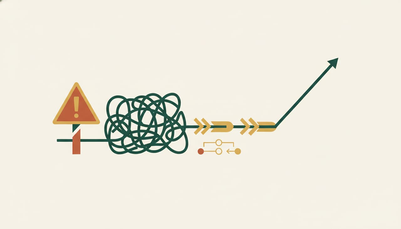 Common SEO mistakes: a warning sign and a tangled line untangling into an upward path