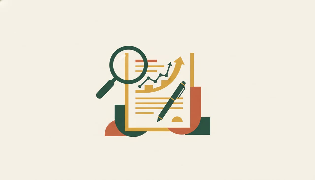 Content that ranks: a document and pen with an upward chart and magnifying glass