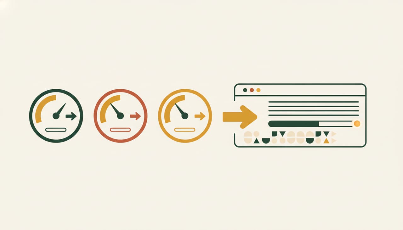 Core Web Vitals explained: three performance gauge dials beside a fast webpage