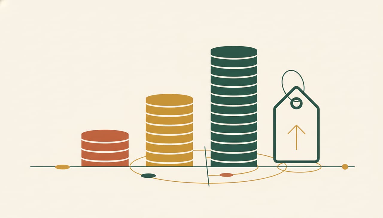 SEO cost illustration: rising stacks of coins with a price tag and value arrow