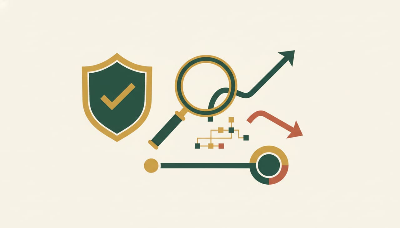 Choosing an SEO company: a quality shield and magnifying glass weighing two paths
