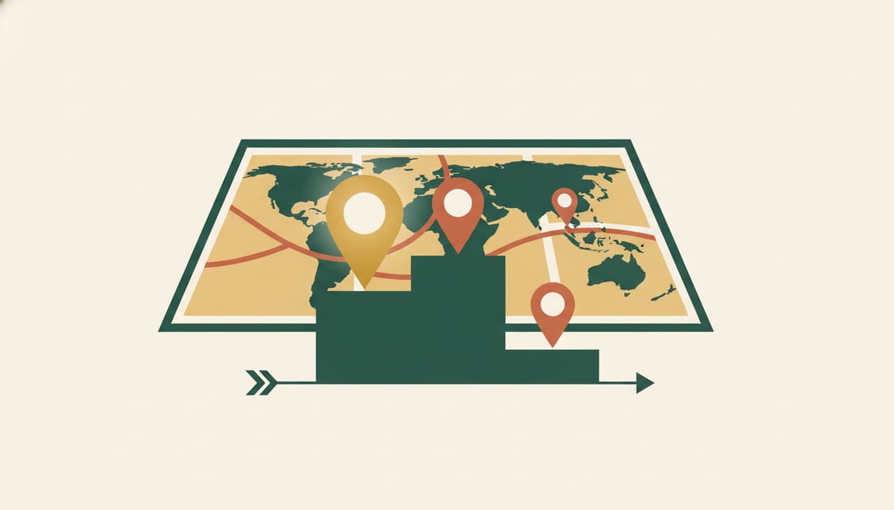 Ranking in the Google map pack: a map with a podium of local pins, first place in gold