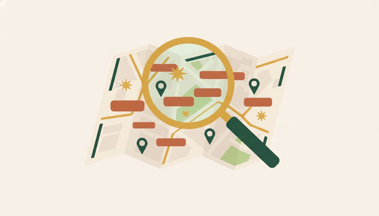Local keyword research: a magnifying glass over a map dotted with keyword tags