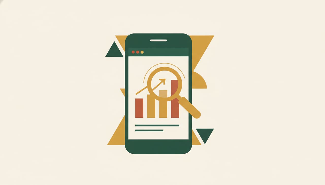 Mobile SEO: a smartphone webpage with a magnifying glass and a growth chart
