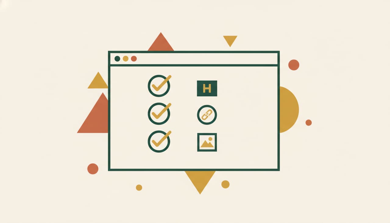 On-page SEO checklist: a webpage document with a ticked optimisation checklist
