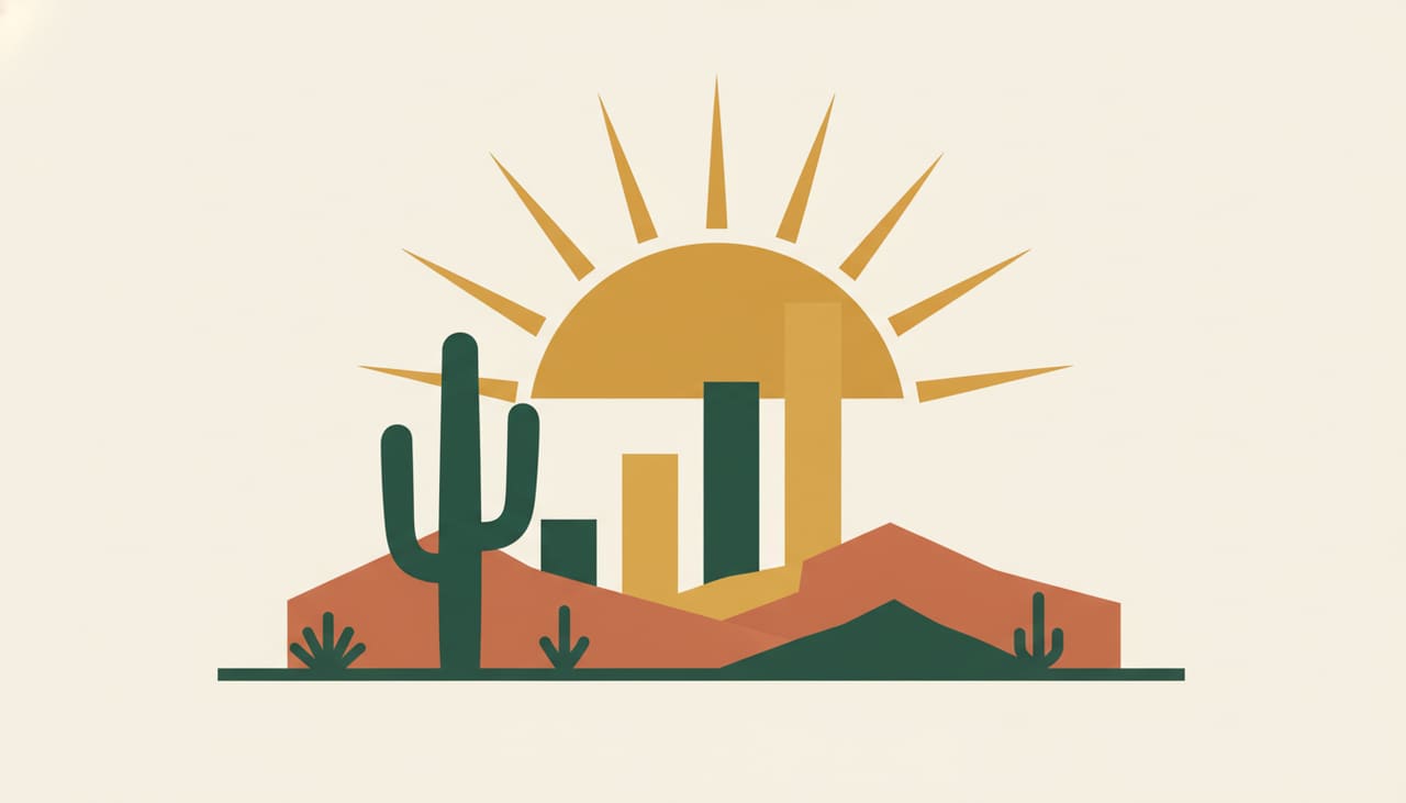 SEO for Scottsdale businesses: a desert skyline with a saguaro and a rising bar chart