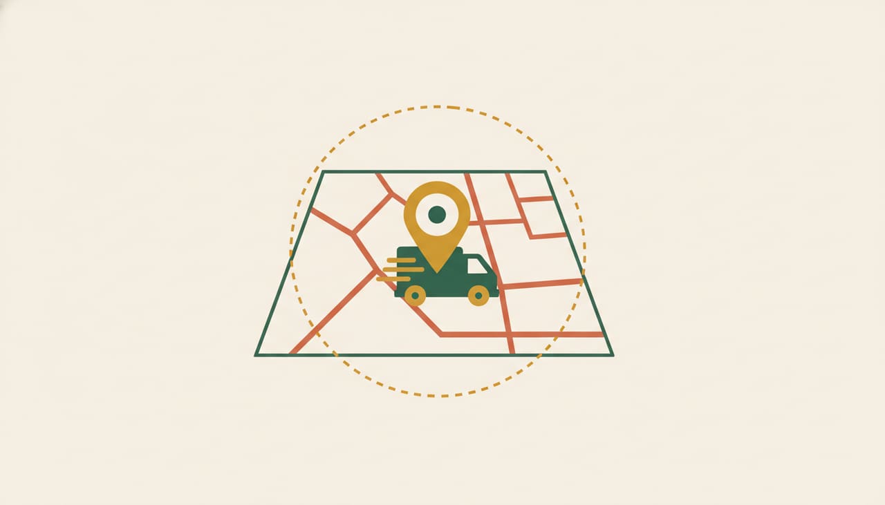 Service-area business SEO: a map with a service-radius circle and a delivery van